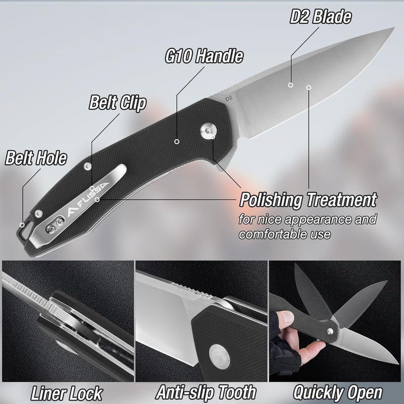 FLISSA Pocket Knife, Folding Tactical Knife with G10 Handle, D2 Blade, Liner Lock, Pocket Clip, EDC Knife for Hiking, Camping, Survival, Indoor and Outdoor Activities(Black) - Image 2